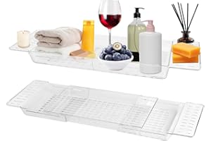 Luxvara Plateau Baignoire, Tablette Baignoire, Plateau de Baignoires Extensible Antidérapant, Planche de Bain Ajustable pour Livre, Verre à Vin, Bougie, Téléphone et Tablet (Transparent)