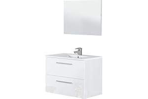 Miroytengo Mueble baño Aseo suspendido con Espejo Blanco Brillo 2 cajones con Cierre Progresivo y Tiradores Modernos para Lavabo 80x45x57 cm NO Incluye LAVAMANOS