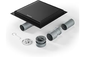 Bernkot Caniveau de douche carré 20 x 20 cm, siphon à 360° avec système anti-odeurs et tamis à cheveux 2 en 1 - En acier inoxydable - Très plat - DN50 DN40 - Noir - 20 cm - Noir