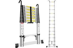 Exleiter Extendable Telescopic Ladder 3.8M, Aluminium Telescoping Ladder with Detachable Hooks and Stabiliser Bar, Adjustable Height Portable Sturdy Loft Ladder Secure Climbing for Home