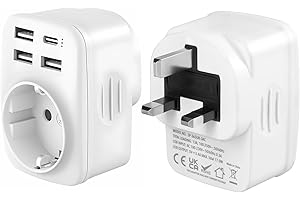 Carehabi Adaptateur Prise Anglaise, Prise Anglaise Adaptateur Francais avec 3 USB-A et 1 USB-C, Adaptateur Type G, Adaptateur UK, Adaptateur Prise Irlande, Prise Type G pour Angleterre Malte Malaisie