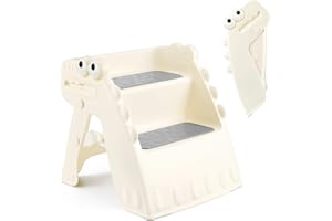 Onasti Toddler Step Stool Foldable Kids Step Stool with Non-Slip, 2 Step Toddler Stool, Toilet Step for Bathroom Kitchen Counter with Cute Dinosaur Design (1.white)