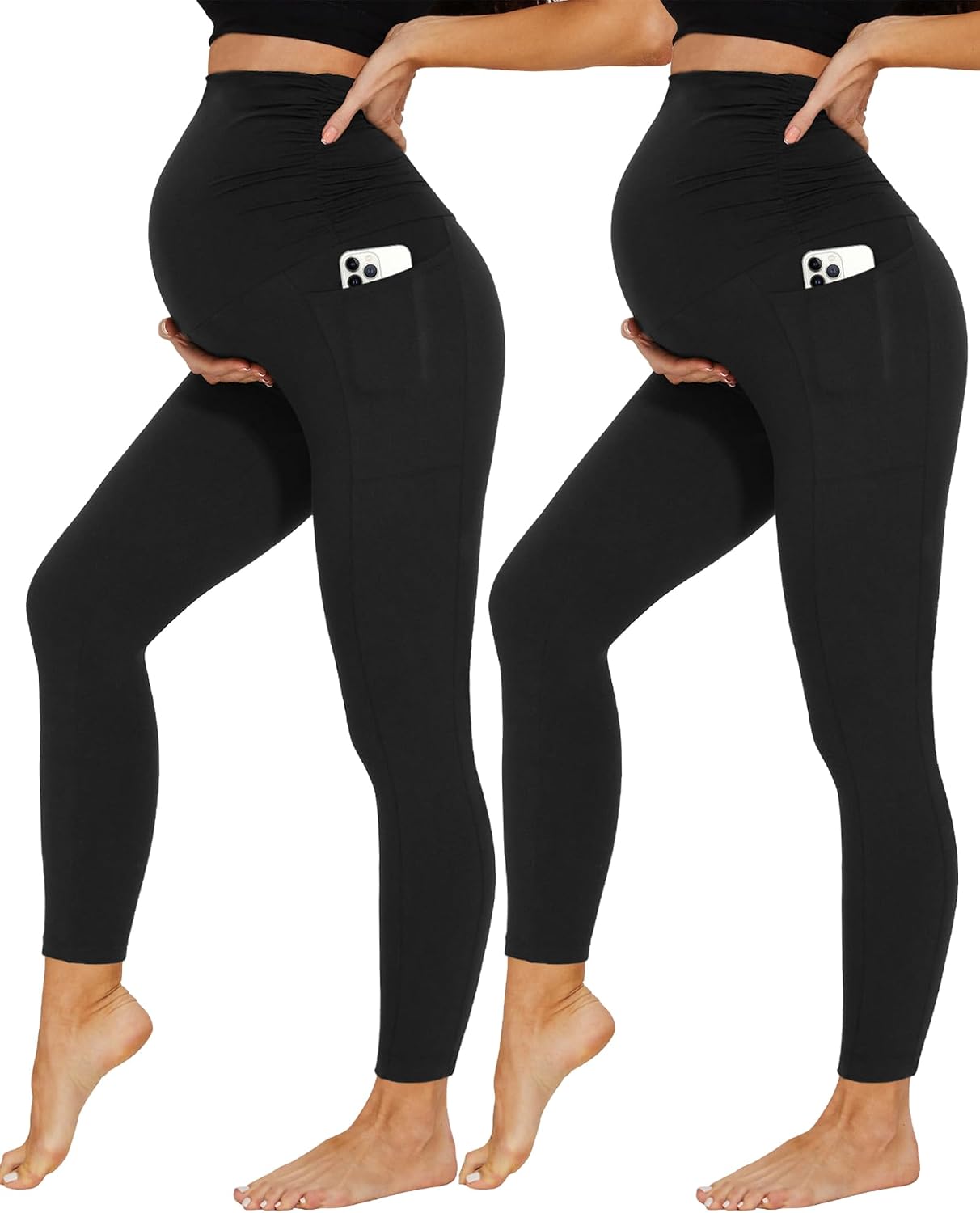 DDOBB 2 Pack Maternity Leggings Over Bump with Pockets High Waist Black Soft Belly Support Stretchy Pregnancy Pants Yoga Workout Pajama Trousers