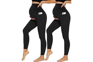 DDOBB 2 Pack Maternity Leggings Over Bump with Pockets High Waist Black Soft Belly Support Stretchy Pregnancy Pants Yoga Workout Pajama Trousers