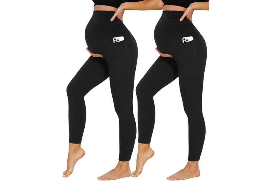 DDOBB 2 Pack Maternity Leggings Over Bump with Pockets High Waist Black Soft Belly Support Stretchy Pregnancy Pants Yoga Workout Pajama Trousers