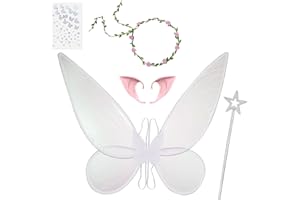 Gugatad Ali da Fata,Ali Fata Includere Orecchie da Elfo,Bacchetta da Fata,Ghirlanda di Fiori,Brillantini Viso,Ali di Fata Principessa, per Carnevale Feste(Bianco)