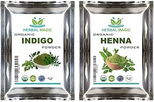 Herbal Magic Organic Henna Powder (100g) + Organic Indigo Powder(100g) for Hair Dye, USDA,Chemical Free Hair Coloring, Natural Hair Mask, Combo Pack,Premium Quality