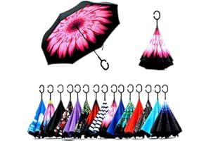 CICILIAYA Paraguas invertido plegable de doble capa, paraguas invertido para auto con protección contra la lluvia, paraguas invertido con mango en forma de C, paraguas recto grande