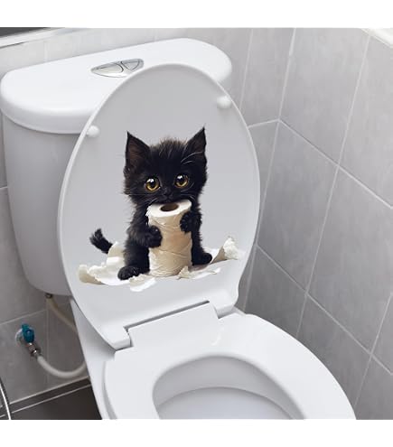 Autocollants Pour Abattant De Toilette - 4 Motifs Chats Noirs Avec Papier Toilette - Décor Fun Et Imperméable Pour Salle De Bain