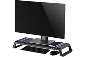 Ewent Support de Moniteur RGB, Réhausseur d'Écran, Support de Moniteur Pré-Montage Ajustable, avec Tiroir de Rangement et Support de Téléphone + 4 ports USB en Façade, pour PC/Laptop/iMac/TV, Noir