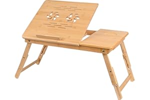 VASMIA Tavolino da Letto,Tavolo Pieghevole PC Portatile, Supporto con Altezza Regolabile in bambù,Vassoio Letto per Colazione, Lavorare, Leggere, Scrivere, Guardare Film, Naturale