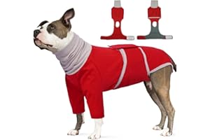 Hjumarayan Dog Recovery Suit Female, Dog Neck Wound Cover, Body Suit after Surgery with Snood Ear Protector, Surgical Baby Grow with Front Legs, Red M