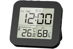 FOLPUS Horloge de salle de bain numérique minuterie de douche, thermomètre hygromètre horloge murale, minuterie de douche étanche, noir