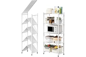 FuGuiB Étagère pliante, étagère pliable, avec roulettes, étagère en métal, étagère de cuisine (blanc, 5 couches)