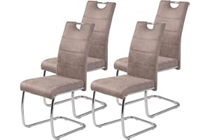 ‎HELA TISCHE Hela Tische 4er Set Schwingstuhl, Küchenstuhl Flora II, Microfaser Vintage Beige, Rundrohrgestell verchromt, Lehne mit Griff