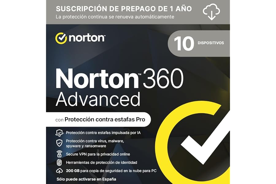 Norton 360 Advanced 2026 │ 10 Dispositivos │ 12 meses renovación automática │ Social Media, Dark Web Monitoring y VPN │ Códig