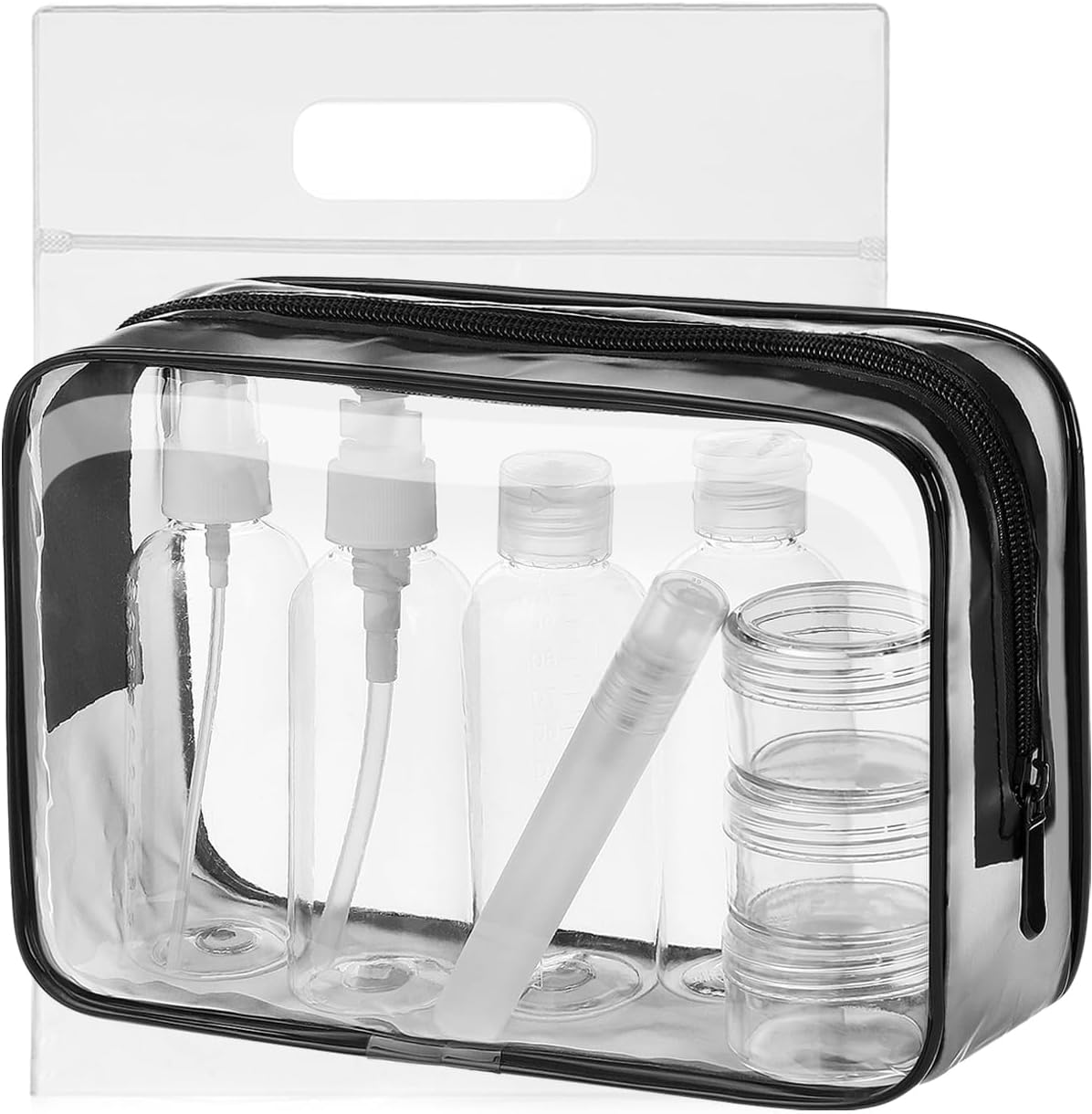MOCOCITO Neceser Transparente con 8 Botellas de Viaje (MAX.100ml) y 1 Bolsa de Vuelo para Líquidos (20x20 CM,1L), Bolsa de Cosméticos Impermeable para Hombre y Mujer