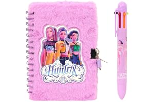 Clondo Dagbok set med lås och penna 4 färger för Kpop Demon Hunters fans | Rosa plyschfilt, spiralbindning och matchande 4-färgspenna. Set med 2