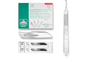 Set - 100 Stück Skalpellklingen Figur 10 aus Karbonstahl - Ersatzklingen einzeln steril verpackt + 1 x May - Skalpell-Halter mit 13 cm langem Griff mit Meßskala in cm - Edelstahl