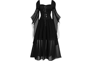 CNNBYYDS Robe Halloween Femme Robes Medievale 2023 Robes de d'halloween pour Femme Gothique Maille Robes Longue Épaules dénudées Robes Longues à Lacets Manches Robes de Cosplay Halloweendeguisement Femme