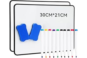 Hisredsun 2 Pack A4 Magnetic Whiteboard, Double Sided Dry Erase White Boards, Mini Whiteboard with 10 Pens and 2 Erasers, Durable Portable Small White Boards for Home, Office, Classroom