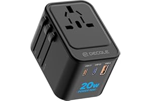 decqle Reiseadapter Weltweit, Universal Reisestecker mit 2 USB-C (PD 20W), 1 USB-A und 1 AC Steckdose, Internationaler Steckdosenadapter, Universaladapter für EU, UK, US, AU (Schwarz)