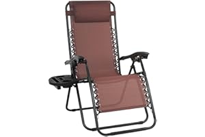 EIGFOH Tumbona Plegable con Portavasos y Reposacabezas, Silla de Playa Ajustable para Jardín, Piscina, Terraza - Carga 150 KG (Marrón)