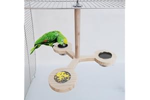 TeTupGa Wooden Bird Perch with 3 Stainless Steel Bird Feeding Dish Cups，Parrot Cage Top Branch Standing Bird Feeder Parrot Food Water Bowls for Parakeets Conures Cockatiels Budgie Parrot