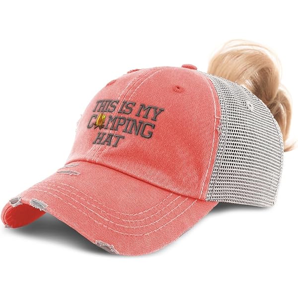 Speedy Pros Women's Distressed Cotton Trucker Hat With Ponytail Hole - 'This My Camping Hat' Embroidery, Coral - View #9