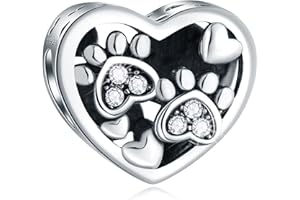 CRISNATA Impression de patte de chien chiot Charms with Brithstone Cristal, Perle de coeur à empreinte de patte en argent sterling 925, convient au collier de bracelet d'animaux européens