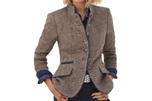 SUNCADMIOUS Blazer de Tweed Retro de un Solo Pecho para Mujer Chaqueta de Tweed con Solapa Elegante Chaqueta de Negocios Ajustada con Cuello Alto y Manga Larga para Primavera y otoño