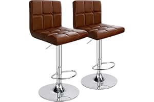 Leader Accessories Bar Stools (2/Set) Adjustable Bar Chairs Breakfast Dining Stools for Kitchen Island Counter PU Leather Double Stitching Square Back with decoration (Coffee)