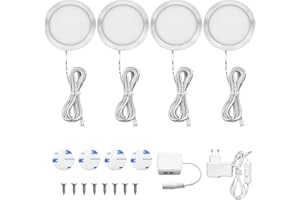 URing 4er Lampe de Placard LED, Éclairage LED Cuisine Sous Meuble, Blanc Chaud, Spots LED Vitrine pour Penderie Cuisine Armoire Camping Car Entrée Couloir Toilette, 250LM par Spot, Accessoires inclus