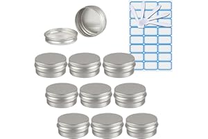 ZEOABSY 10 Pièces 10ml Pots en Aluminium Vide Rond Argent Petit Cosmétiques Pot Conteneurs for Fait Main Bougies Crème Baume Voyage, 5X Spatule, 1x Étiquettes