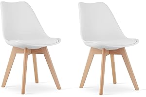 NMK HOME Sillas Comedor Pack 2 - Blanca Sillas de Cocina - Patas de Silla en Madera de Haya - Piel Sintética Aterciopelada