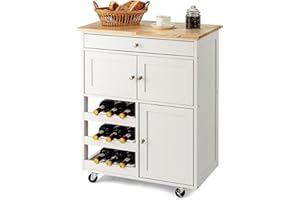 ‎KOMFOTTEU KOMFOTTEU Küchenwagen auf Rollen, Kücheninsel mit Weinregal & 2 Schränke & Schublade, Servierwagen aus Holz, Küchenrollwagen mit Arbeitsplatte, Küchentrolley für Küchen Esszimmer (Weiß)