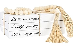 OMISHE Decorative Books for Home Decor, White Faux Books for Decoration, Rustic Farmhouse Stacked Display Books with 52in Wood Bead Garland for Coffee Tables Living Room, (Live Laugh Love)