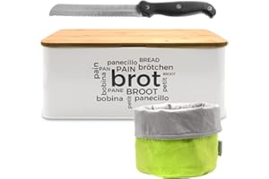 myHodo Porta Pane in Metallo Premium Set con Cestino Pane Reversibile in 100% Cotone, Coltello Cane Tagliere in Legno Bambù (Sacchetto per Pane Cucina Portapane) 33 x 18,5 x 13 cm (bianco-verde)