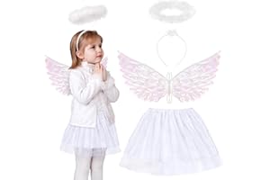 Fennoral 3pz Costume Angelo Bambina Ali da Angelo Ali Angelo Costumi Accessori Costume da Angelo-Ali Aureola Tutù-per Carnevale Epifania Travestimento Imitazione Cosplay Festa Regalo Maschera