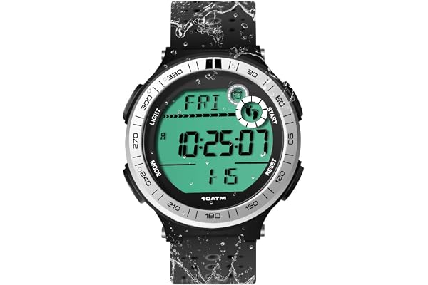 TEKMAGIC 10 ATM Étanche Montre-Bracelet Sport Podomètre pour Hommes Garçons Montre de Plongée sous-Marine avec Fonction de Chronomètre de Tour et Réveil, Format 12/24 Heures Sélectionnable