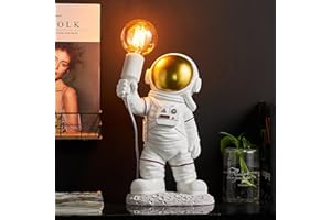 ACMHNC Astronaut Lámpara de Mesa Infantil, Moderna Spaceman LED Lámpara de Escritorio Habitación Infantil Con Enchufe, E27 Lámpara de Noche Para Niños Niños Niñas Regalo, Blanco y Dorado, H 39Cm