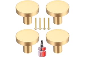 Yibaijia 4 Pcs Round Cabinet Knobs, Gold Brass Drawer Knobs, Door Kitchen Hardware Cupboard Knob, Stainless Steel Single Hole Handle with Screws for Home Decorating, Cupboard, Wardrobe (20mmx25mm)