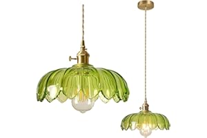 NICRX 25 cm industriel Vintage pendentif éclairage verre Lotus lampe suspension lustre E27 laiton finition plafond suspension lampe (Vert)