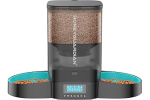 HoneyGuaridan Automatic Cat Feeder for 2 Cats, Equally Distributed Cat Feeder Timer Dispenser with Slow Feeder Bowls, 4-stage Seal Lock Fresh, Up to 6 Meals a Day - for Multi-Cats & Dogs (3.5L)