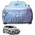 GARREGE® Waterproof Car Body Cover for Maruti Baleno with Mirror and Antenna Pocket and Belt Soft Cotton Lining (Front and Back Bottom Elastic Triple Stitched) (Metallic Silver with Blue Piping)