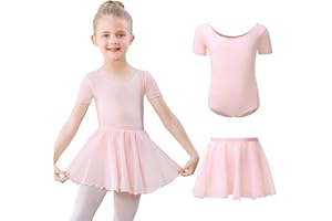 KEFIYIS Ballettkleidung Mädchen Kurzarm Ballettkleid Baumwolle Balletttrikot Kinder Ballettanzug Ballettbody mit Chiffon Rock Tütü 3-11Jahre