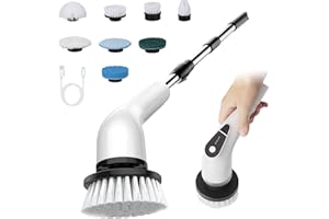CERULETREE Electric Spin Scrubber, Cordless Electric Cleaning Brush with 8 Replaceable Brush Heads, Shower Scrubber 5 Speeds, 125cm Adjustable Handle Power Scrubber for Bathroom, Floor, Kitchen, Car