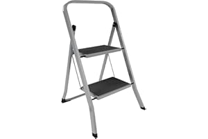 Home Vida 2 Step Ladder - Heavy Duty Steel Folding Ladder with Slip-Resistant and Wide Steps, Folding Mechanism, 150kg Max Load, Home/Kitchen/DIY/Garden Use, Grey