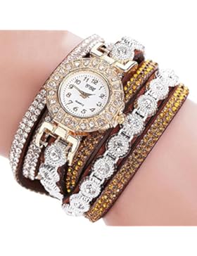 Coolster Damen Multilayer Armband Rhinestone Leder Casual Uhr -CCQ (Braun)