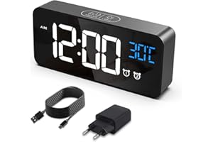 HERMIC Sveglia Digitale, Sveglia da Comodino con Temperatura, Orologio Digitale con 2 Allarme, Snooze, 4 Livelli di Luminosità, Controllo Vocale, USB Ricaricare, Sistema 12/24 Ore (Nero)